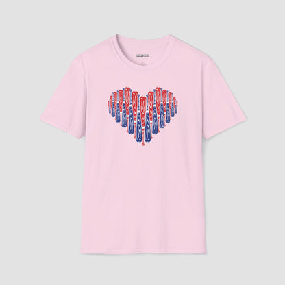 Red and Blue Bat Heart Softball T-Shirt