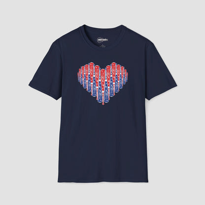 Red and Blue Bat Heart Softball T-Shirt